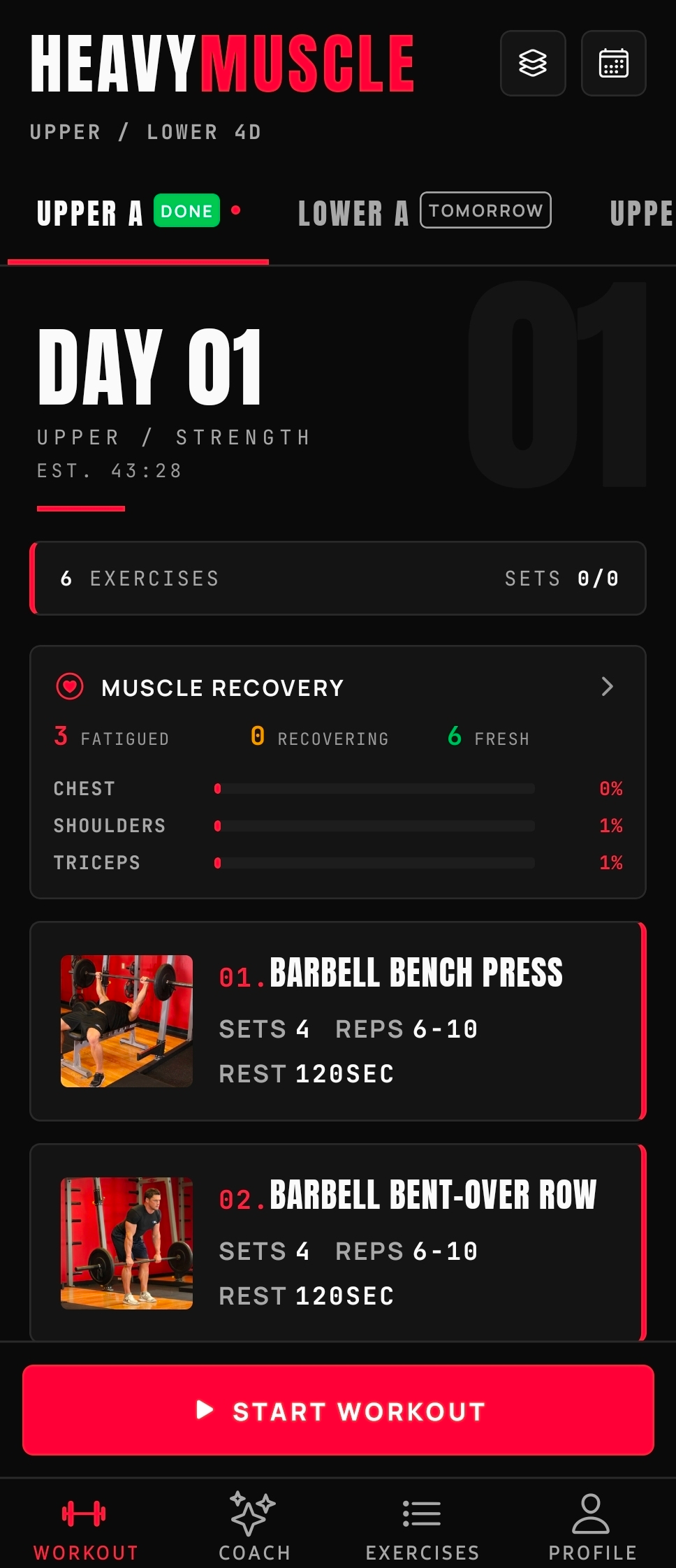 Pantalla de inicio de la app HeavyMuscle